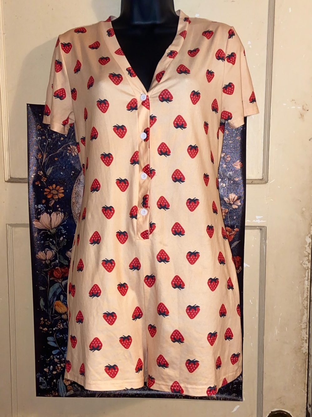 SWEET STRAWBERRY ROMPER Shorts Button Front Lounge Pajamas